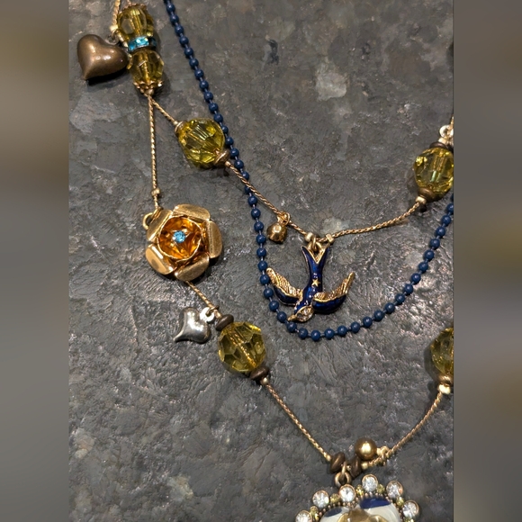 Betsey Johnson Blue and Gold Layered Necklace with Floral Charms - Picture 2 of 7